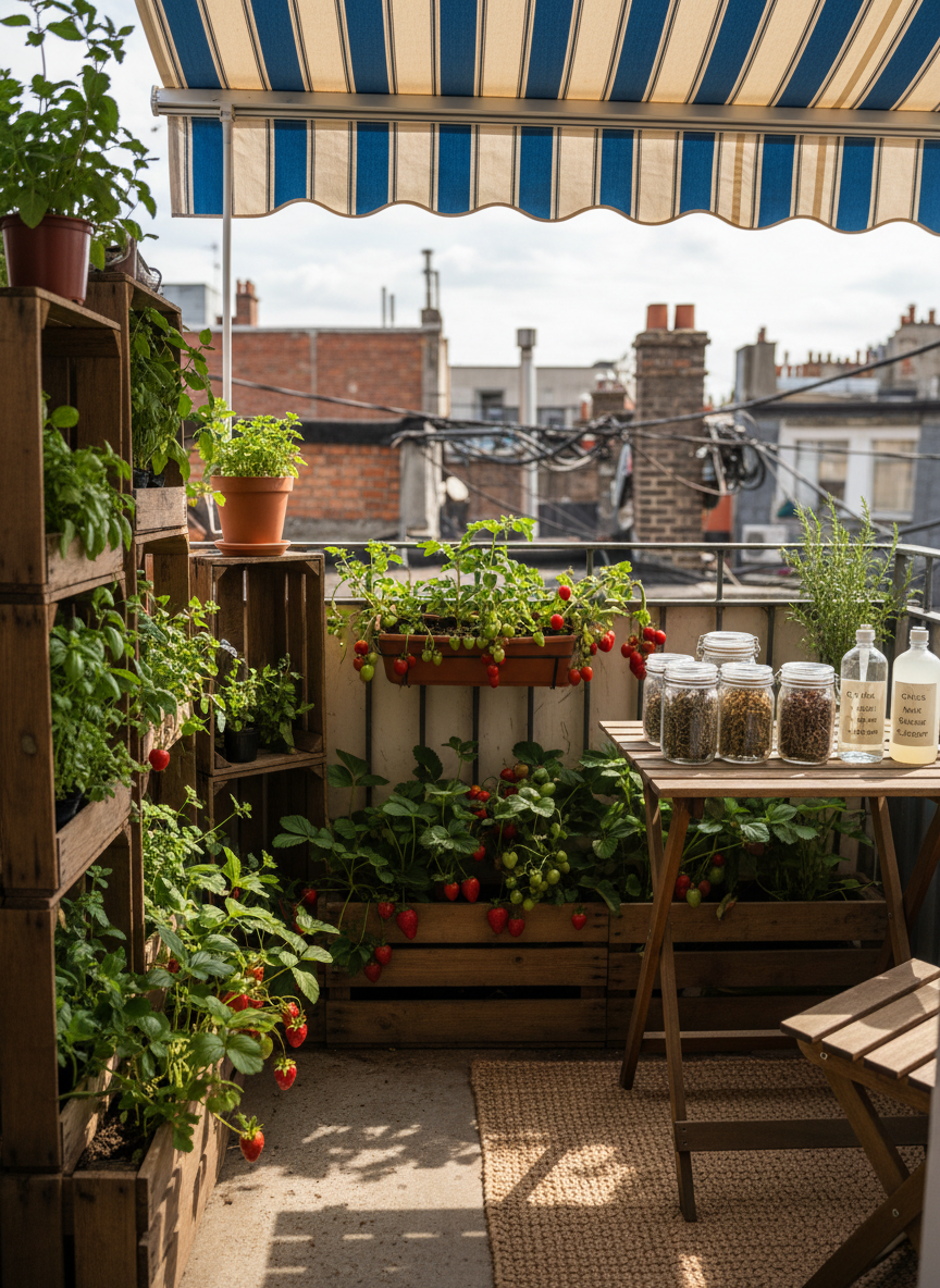 A compact, cozy urban balcony transformed into a tiny oasis of sustainability, with overflowing planter boxes of strawberries and tomatoes, a small vertical garden made from upcycled wooden crates, and a simple folding table topped with glass jars of dried herbs and homemade cleaners. A striped fabric awning casts soft, diffused light over the space, creating gentle shadows on the textured concrete floor. In the background, blurred rooftops and chimneys suggest a dense neighborhood. Photographed from a slightly elevated angle, the composition follows the rule of thirds, highlighting resourcefulness and charm. The mood is playful and inviting, emphasizing that sustainable living can thrive even in the smallest corners, rendered in warm, photographic realism.