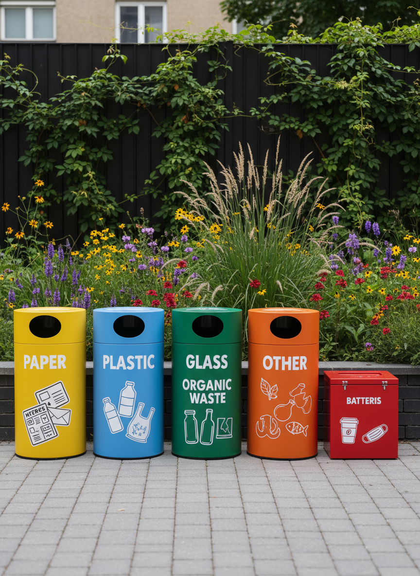 A colorful courtyard waste-sorting station in a residential block, featuring clearly labeled bins for paper, plastic, glass, organic waste, and a small box for batteries, all in different bright colors with playful, hand-drawn icons of items that belong inside. The bins stand on clean paving stones beside a planted strip of wildflowers and native grasses, with a climbing vine wrapping around a metal fence in the background. Gentle overcast daylight provides soft, even illumination without harsh shadows, bringing out the saturated hues of the bins. Photographed straight on at eye level with sharp focus throughout, the composition is orderly and visually clear. The mood is educational yet light-hearted, underlining that proper sorting can be easy and even fun, realized in crisp photographic realism.