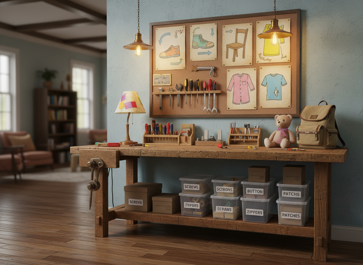 A playful neighborhood "repair corner" set up in the corner of a community room, featuring a sturdy wooden workbench scattered with neatly organized tools, small labeled boxes of spare screws and buttons, and a mended lamp, toy, and backpack displayed proudly. A corkboard above the bench holds illustrated step-by-step repair guides, each with bright, simple drawings of objects being fixed. Warm pendant lighting casts a golden glow over the scene, creating soft highlights on metal tool surfaces and gentle shadows along the wall. Photographed from an eye-level perspective with shallow depth of field, the central repaired items are crisp while the background softly blurs. The atmosphere is optimistic and hands-on, emphasizing the joy of fixing instead of throwing away, in friendly photographic realism.