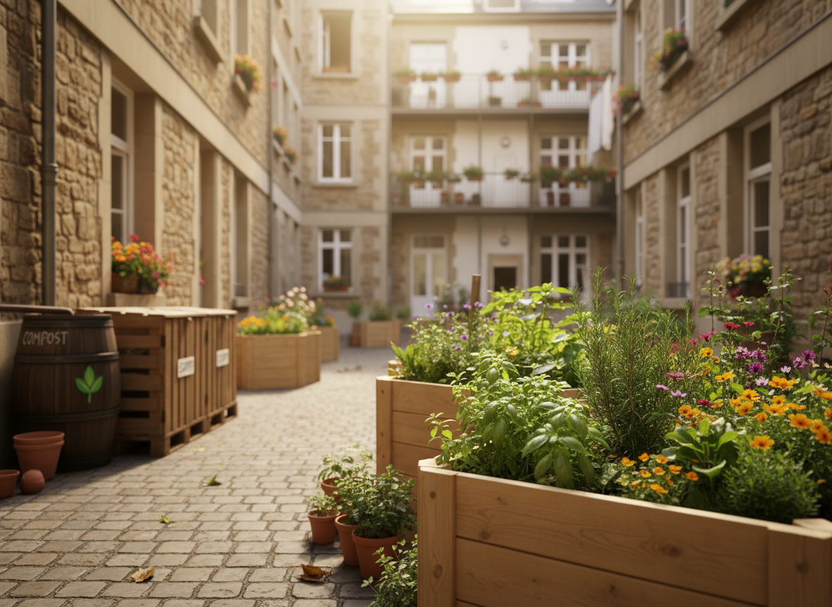 A cheerful shared courtyard in a European apartment block, filled with raised wooden garden beds overflowing with herbs, salad greens, and colorful edible flowers. A small rain barrel with a hand-painted leaf motif stands beside a neatly labeled compost bin made from reclaimed pallets. Fallen leaves and a few terracotta pots add texture around the edges. Soft late-afternoon sunlight filters between buildings, creating playful patches of light and shadow on the cobblestone ground. Shot at eye level with gentle depth of field, foreground plants in crisp focus and the courtyard softly blurred. The atmosphere feels playful, hopeful, and community-oriented, captured in warm, photographic realism with vibrant, natural colors and a clean, modern aesthetic.