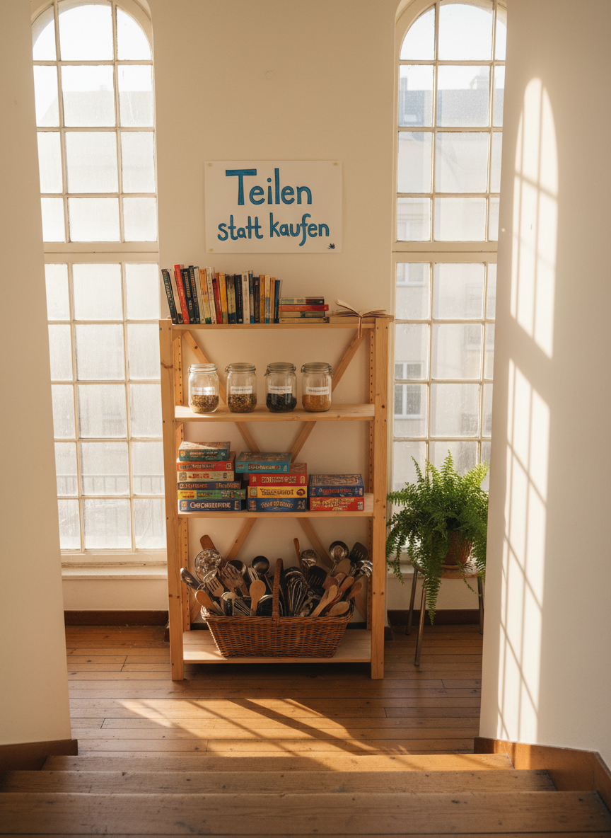 A sunlit stairwell landing in an apartment building transformed into a small sharing station, with a simple wooden shelf holding neatly stacked books, board games, and labeled glass jars of seeds, alongside a basket of gently used kitchen utensils. A handwritten sign with playful lettering reads "Teilen statt kaufen" above the shelf. Morning light streams through a tall window, casting long, soft shadows on the painted wall and highlighting the textures of worn book spines and woven baskets. Shot from a slightly elevated angle down the staircase, the composition leads the eye toward the sharing shelf as a focal point. The mood is warm, neighborly, and inviting, captured in bright, photographic realism with lively colors and a tidy, authentic atmosphere.